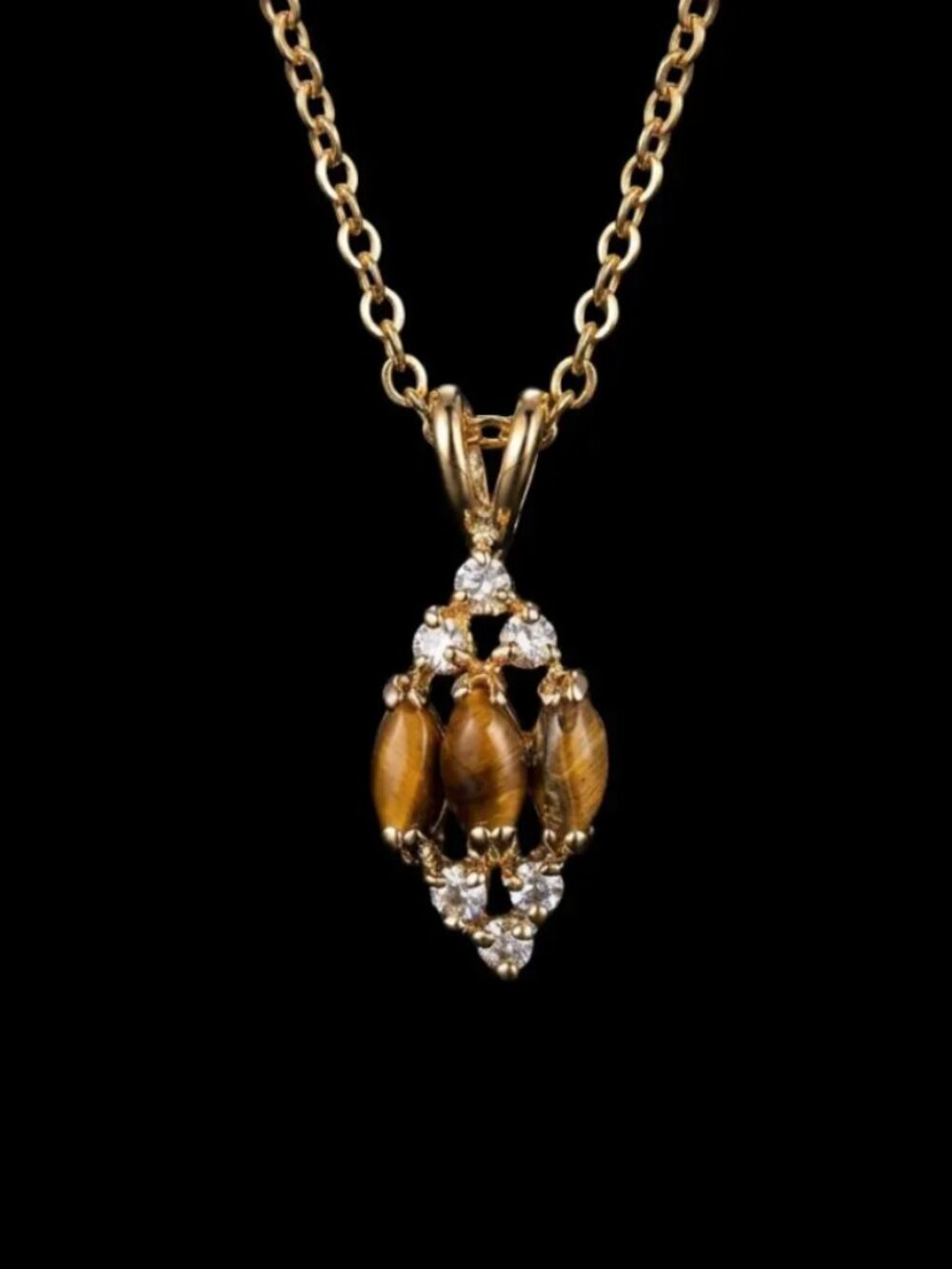 Vintage Gold Tiger Eye and Crystal Pendant 18K Gold Electroplate Signed